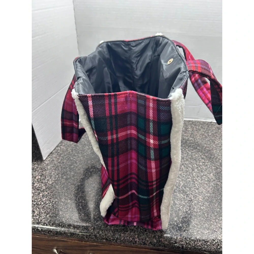 Victoria's Secret Plaid Sherpa Trim‎ Tote Bag VS Logo Holiday Cozy